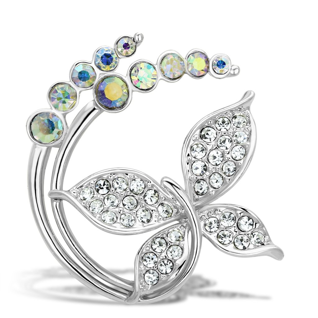 LO2861 Flash Gold White Metal Brooch featuring a top-grade Aurora Borealis crystal, showcasing a rainbow effect.